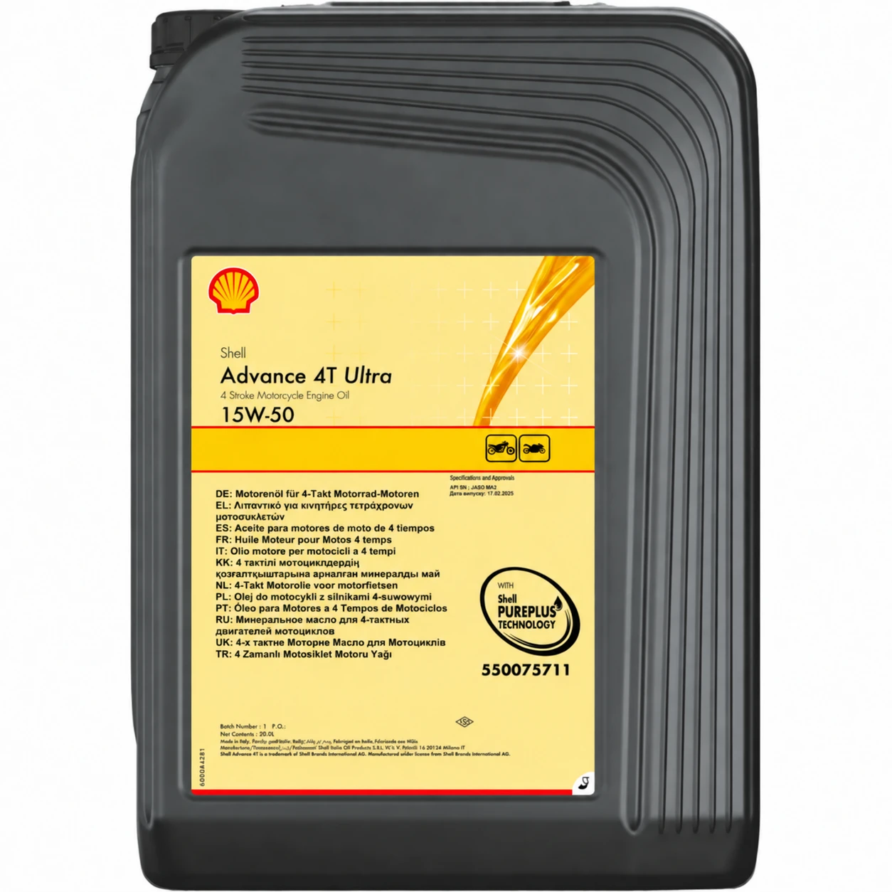 Imagen ilustrativa · Shell Advance 4T Ultra 15W-50 · 20 L. El diseño de la etiqueta puede variar.