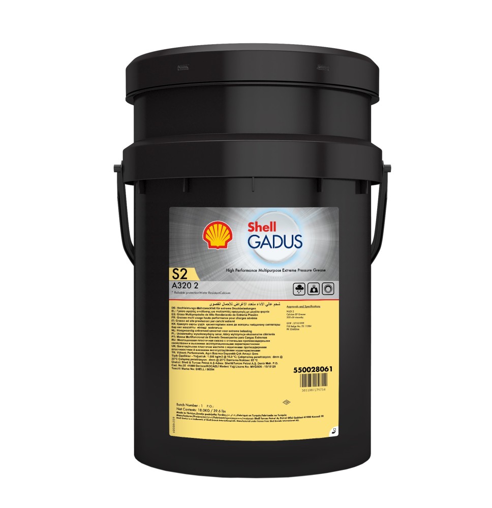 Shell Gadus S2 A320 2 · 18 kg. El diseño de la etiqueta puede variar.
