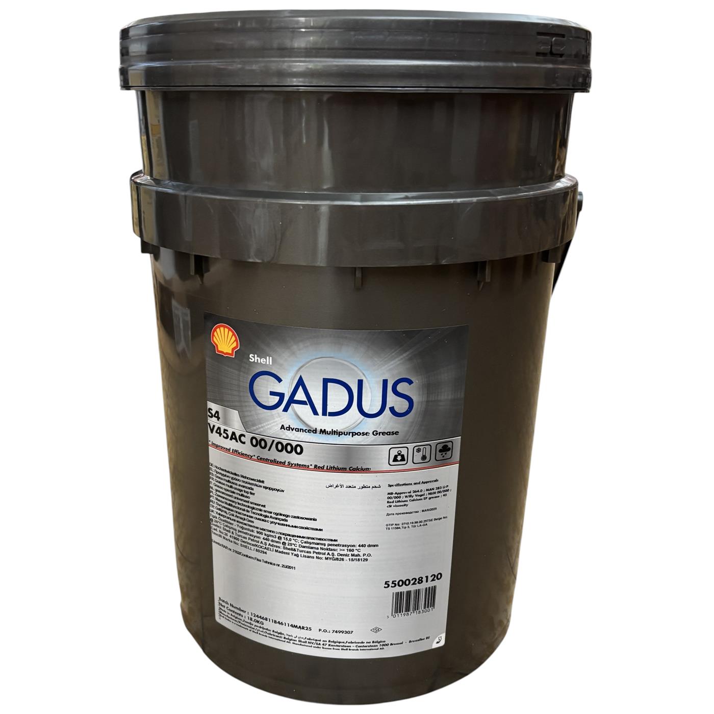 Shell Gadus S4 V45AC 00/000 · 18 kg. El diseño de la etiqueta puede variar.