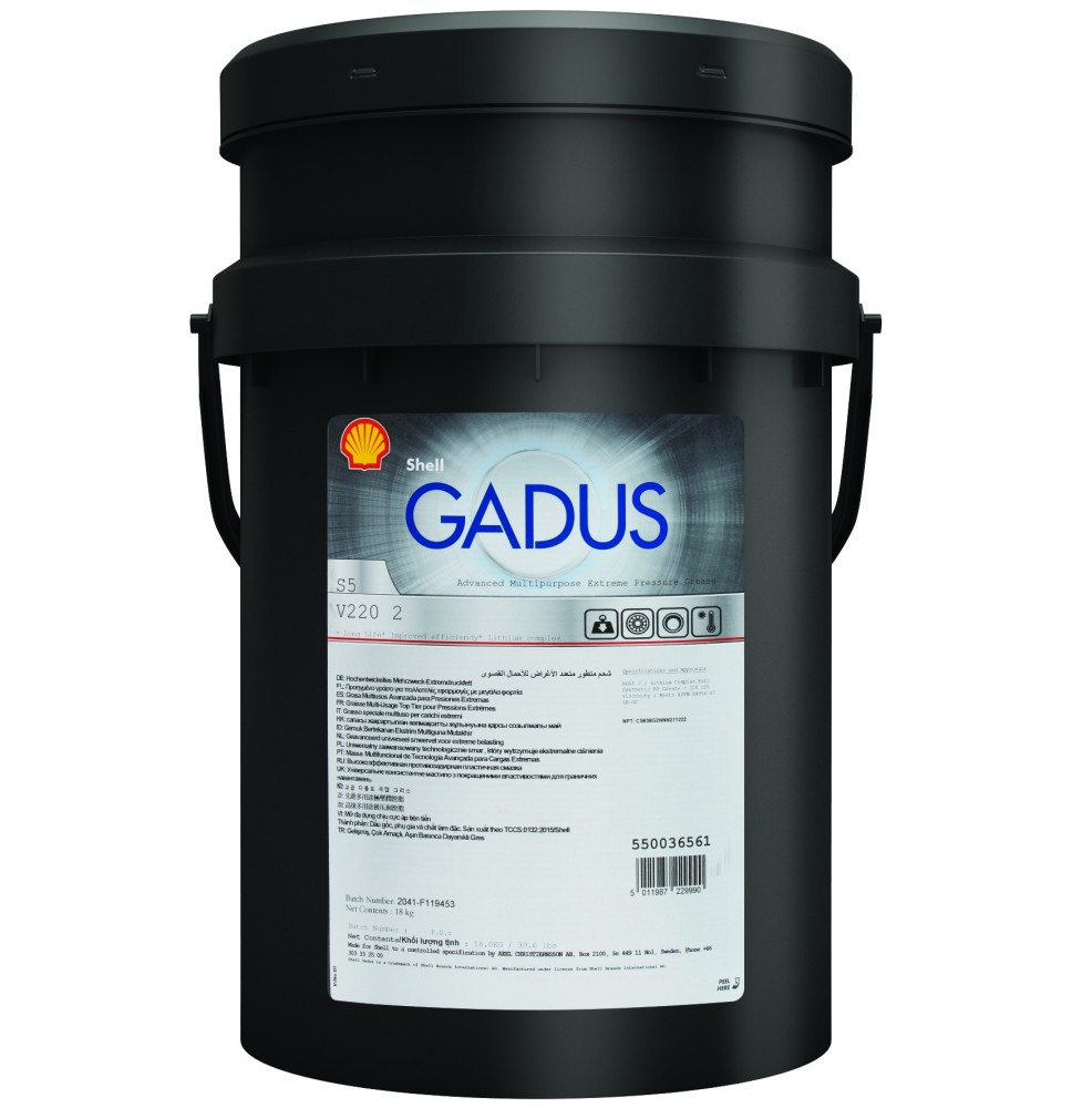 Shell Gadus S5 V220 2 · 18 kg. El diseño de la etiqueta puede variar.