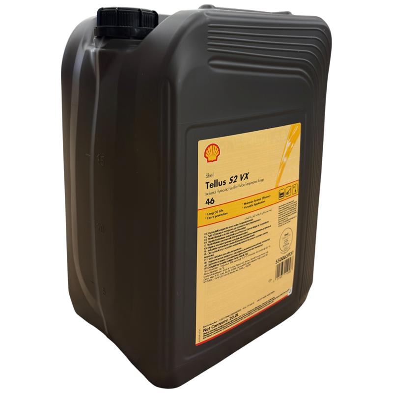 Shell Tellus S2 VX 46 · 20 L. El diseño de la etiqueta puede variar.