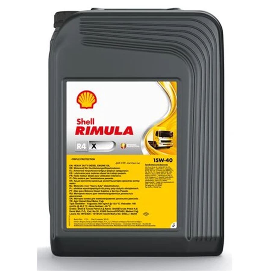 Shell Rimula R4X 15W-40 CI4E7 DH1 · 20 L. La etiqueta puede variar según el lote.