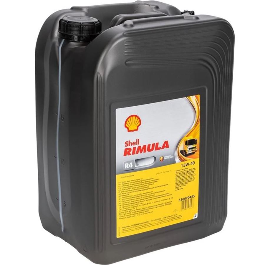Shell Rimula R4L 15W-40 · 20 L. La etiqueta puede variar según el lote.