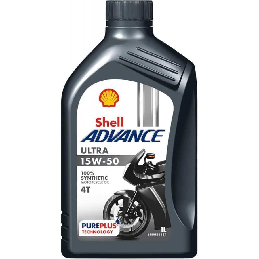 Shell Advance 4T Ultra 15W-50 · 1 L. El diseño de la etiqueta puede variar.